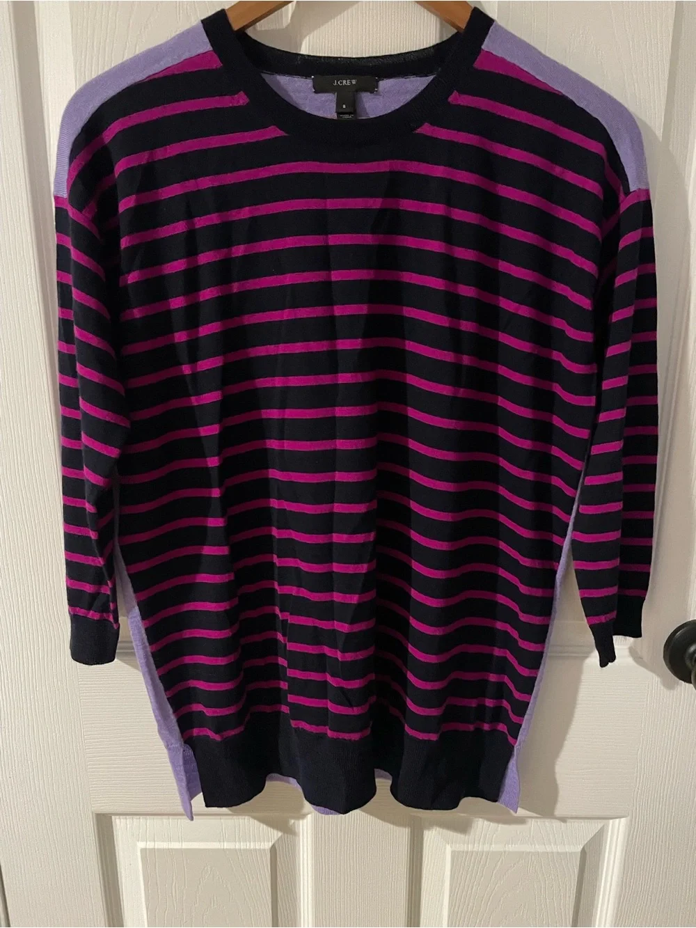 J.Crew Oversized Colorblock Striped Merino Wool Sweater S Lavender Pink Navy
